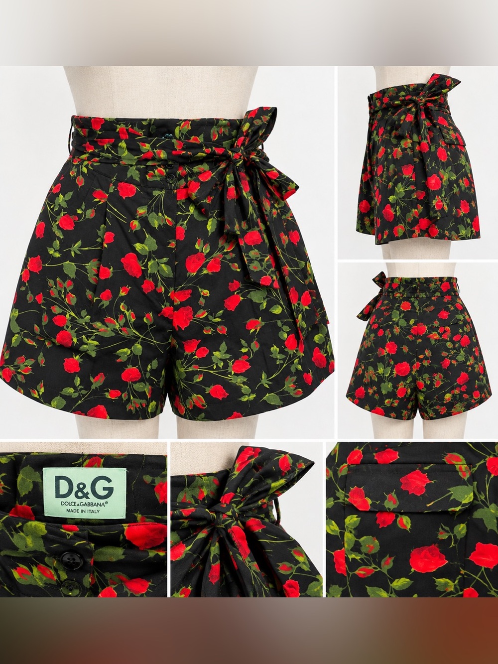 Dolce & Gabbana Black Shorts with Red Rose Print and Tie Waist